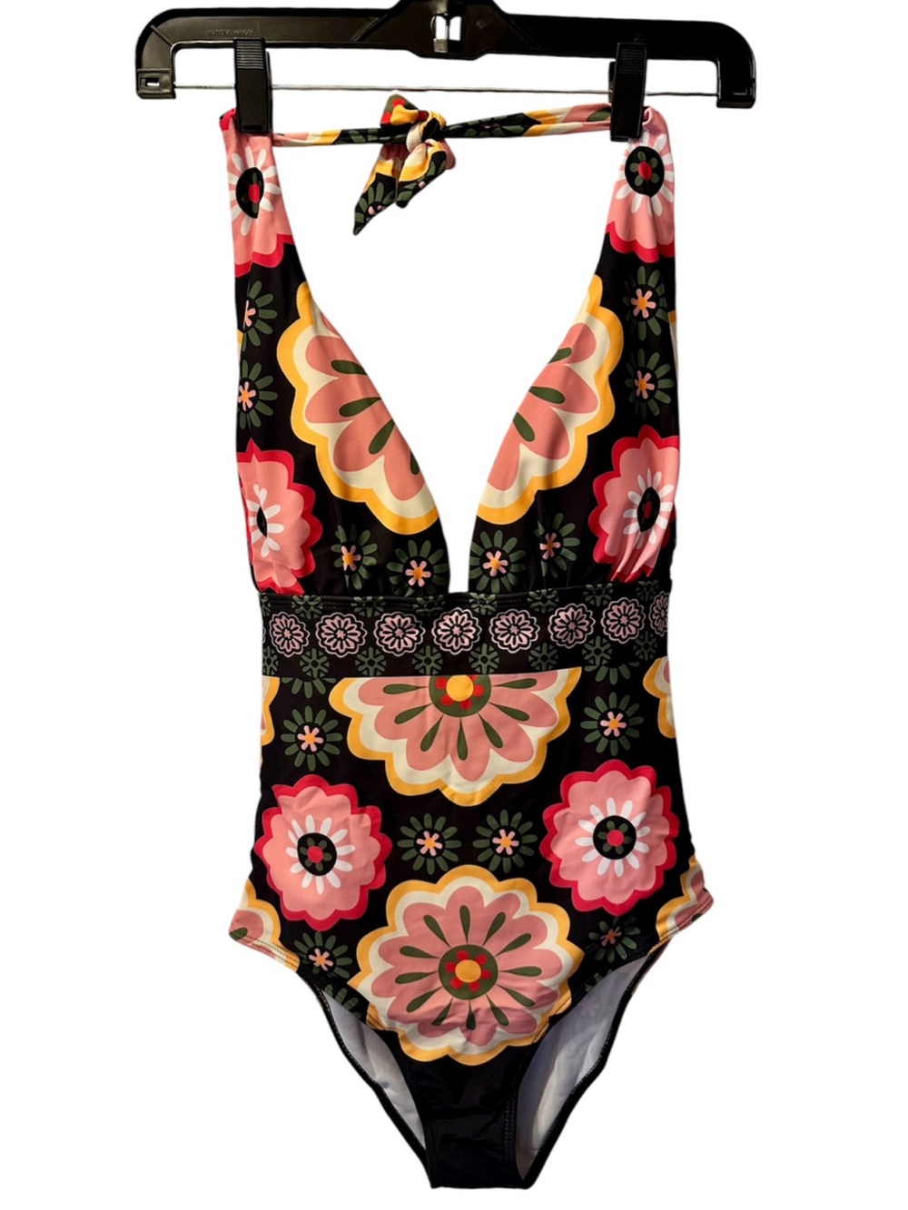 Black Floral One-Piece Swimsuit with Retro Floral Print